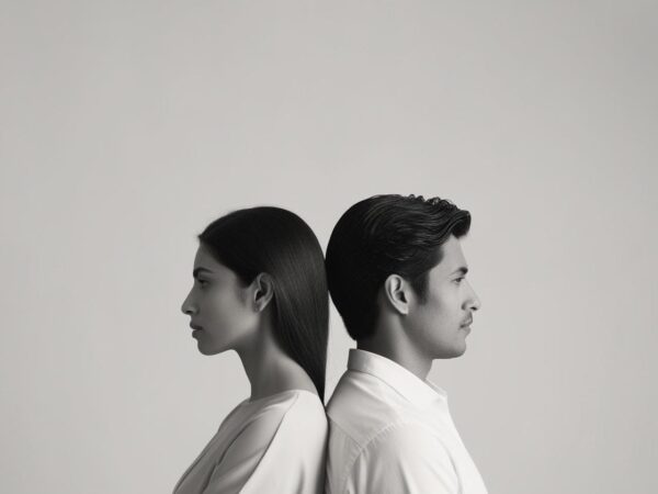 a woman and a man’s face back to back